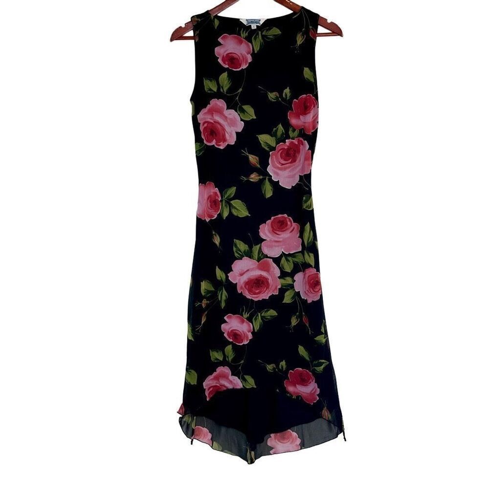 Vintage 90s Hourglass Black Pink Rose‎ Hi-Low Midi Maxi Dress Large Girlcore